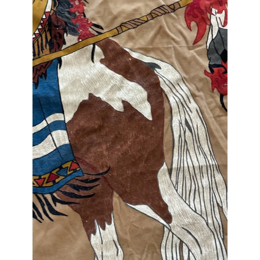 Vintage Native American on Horse Painted Velvet Cloth Wall Hanging Fringe